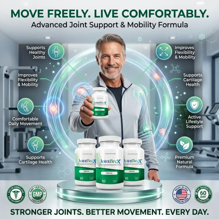 JointBrex joint support benefits infographic — supports healthy joints, flexibility, and mobility